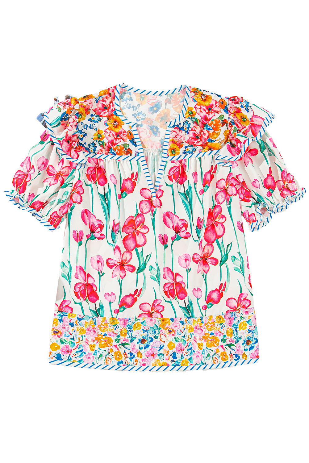 Pink Floral Print Striped Detail Split Neck Short Sleeve Blouse