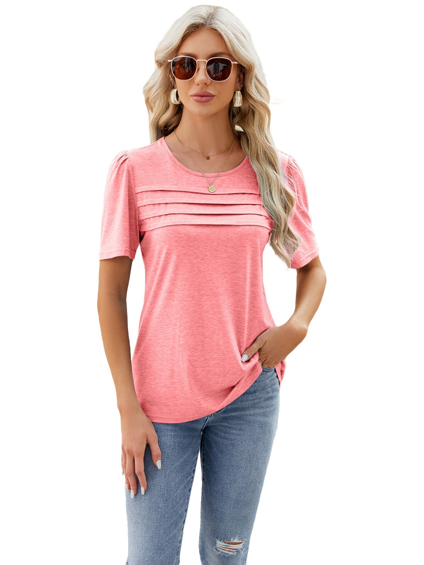 Solid Crew Neck T-shirt, Casual Short Sleeve Ruched Top
