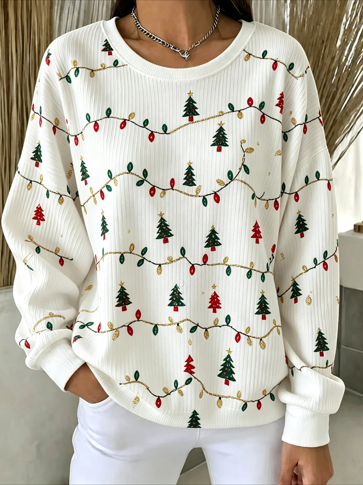 Christmas Tree Casual Printing Loose Leaf Crew Neck Regular Fit Sweatshirt