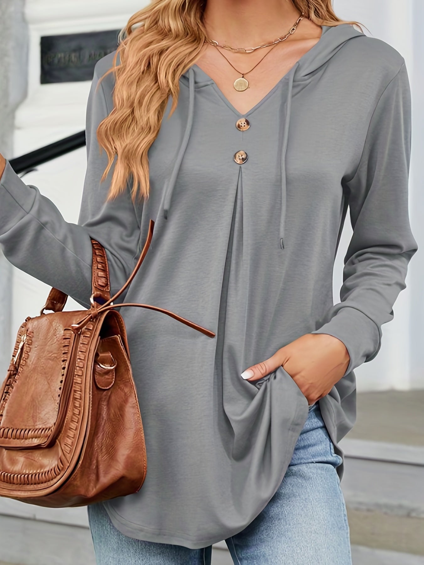Solid Color Drawstring Button Hoodie, Casual Long Sleeve Hoodie Sweatshirt