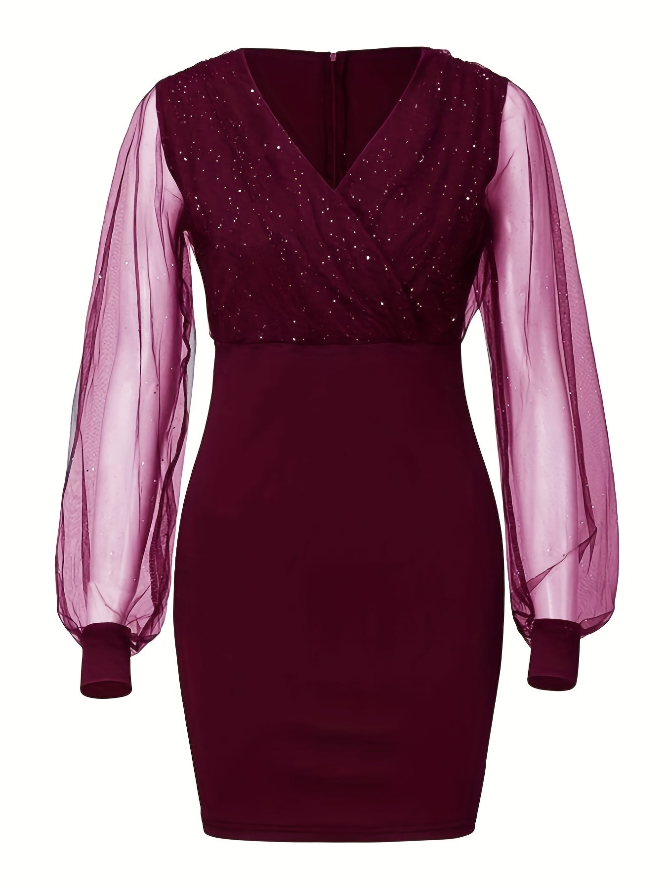 Solid Sequin Stitching Lace Long Sleeve Dress, Elegant Mesh Slim Sexy Party Dress