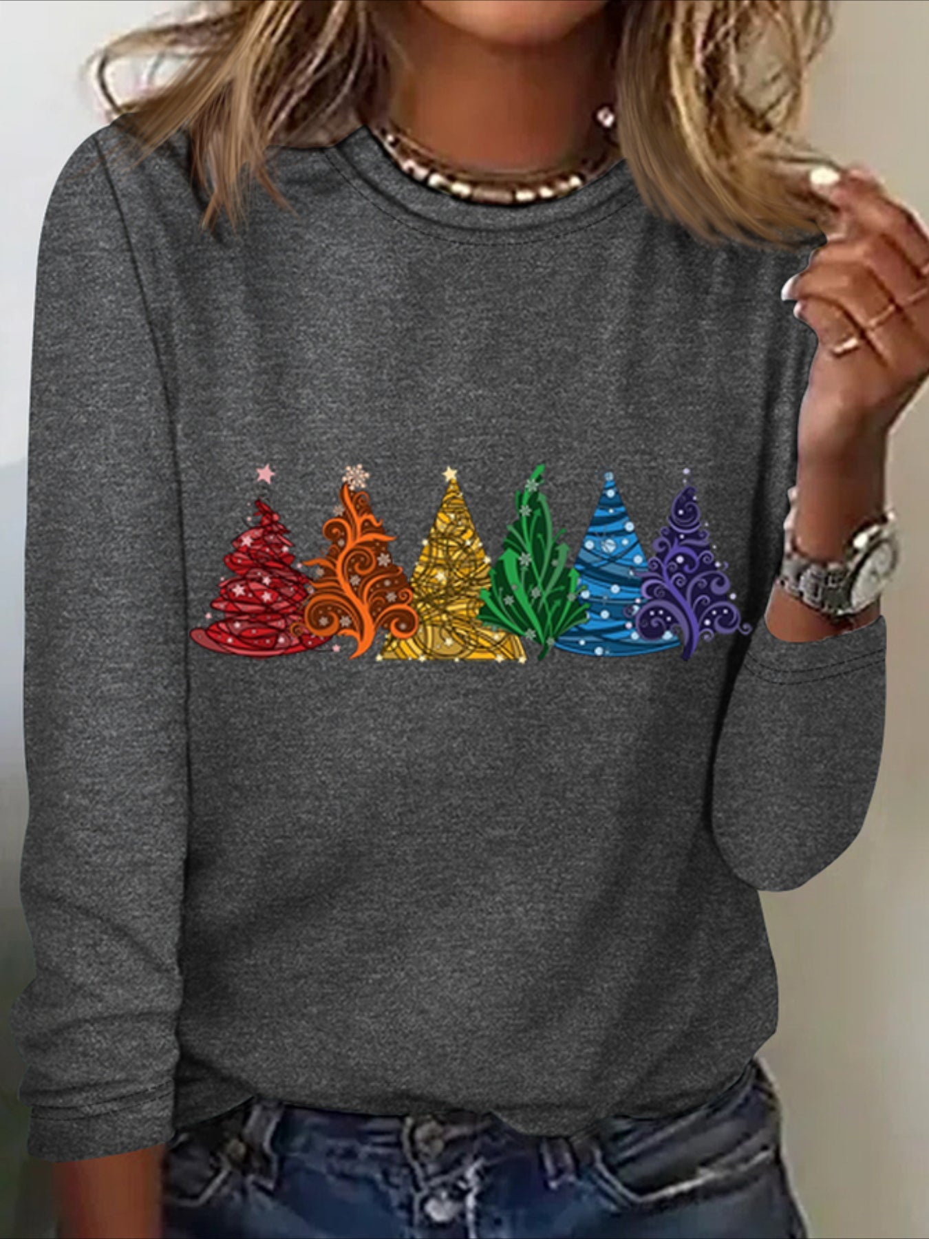 Christmas Tree Cotton-Blend Crew Neck Casual Long Sleeve Shirt