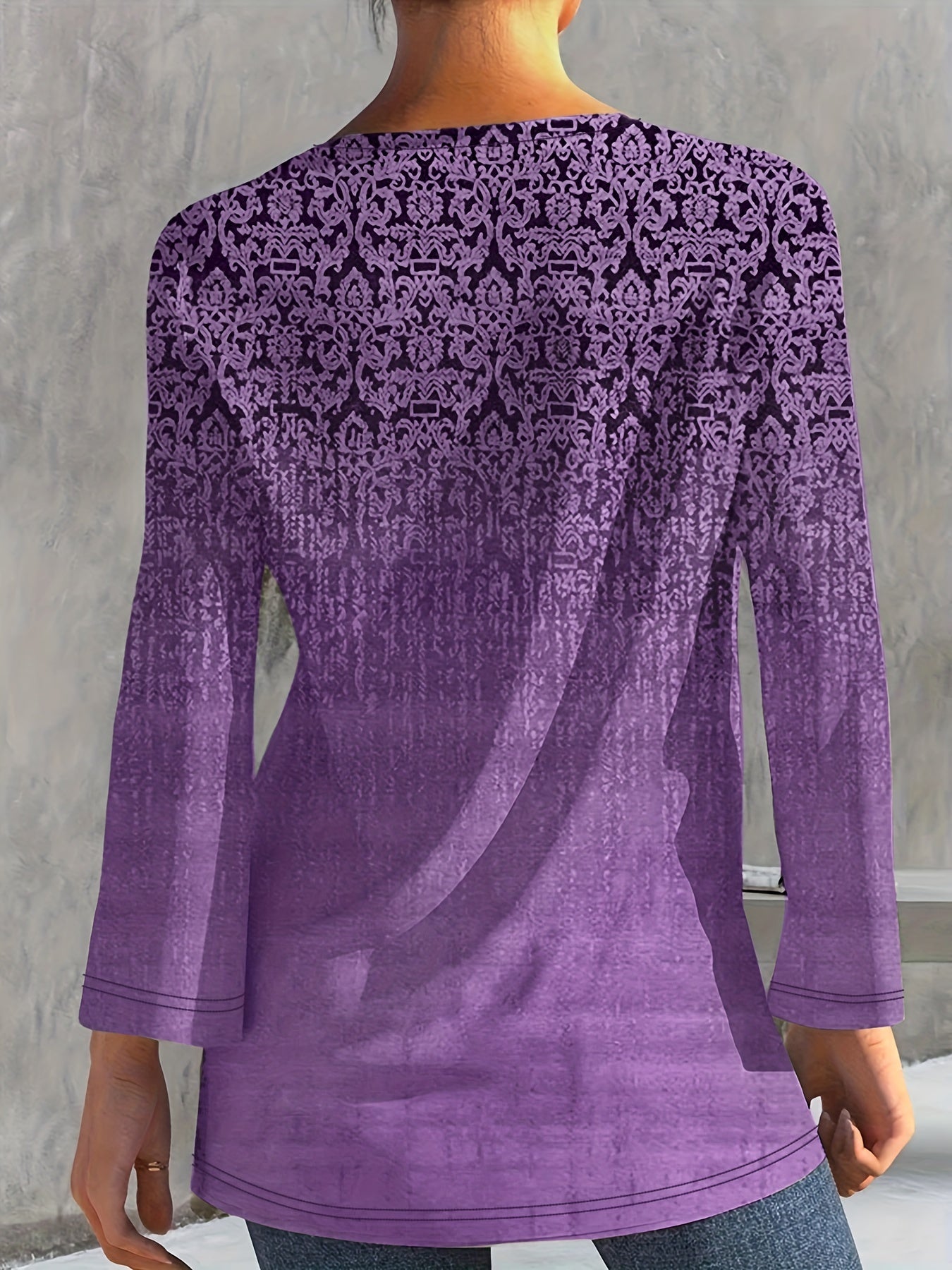 All Over Print Tie Front T-Shirt, Casual Long Sleeve Top
