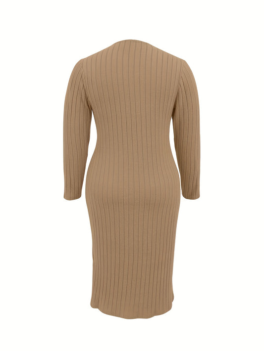 Basic Dress, Women's Solid Ribbed Long Sleeve Zipper V Neck Medium Stretch Bodycon Midi Dress
