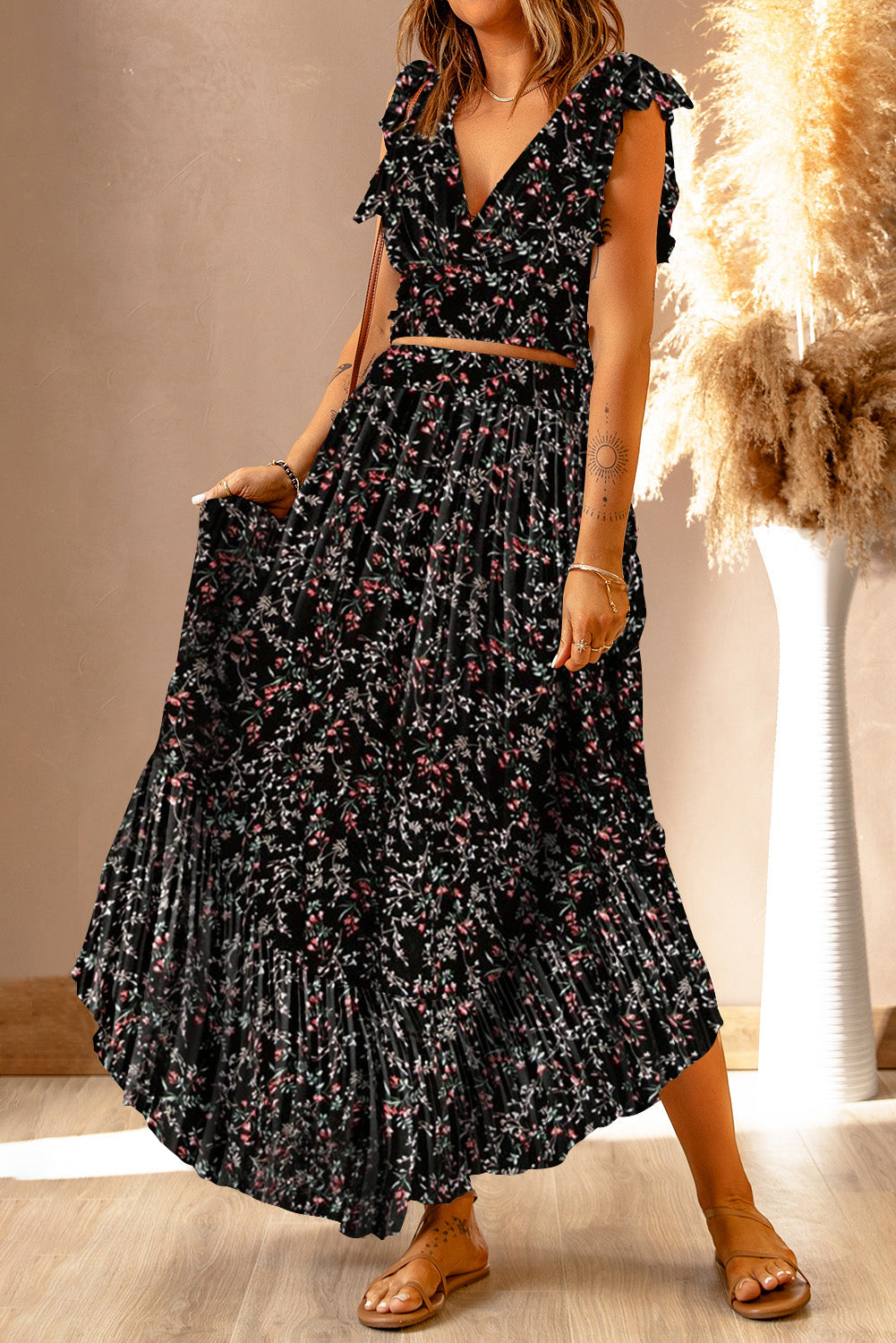 Black Multicolor Floral Ruffled Crop Top and Maxi Skirt Set