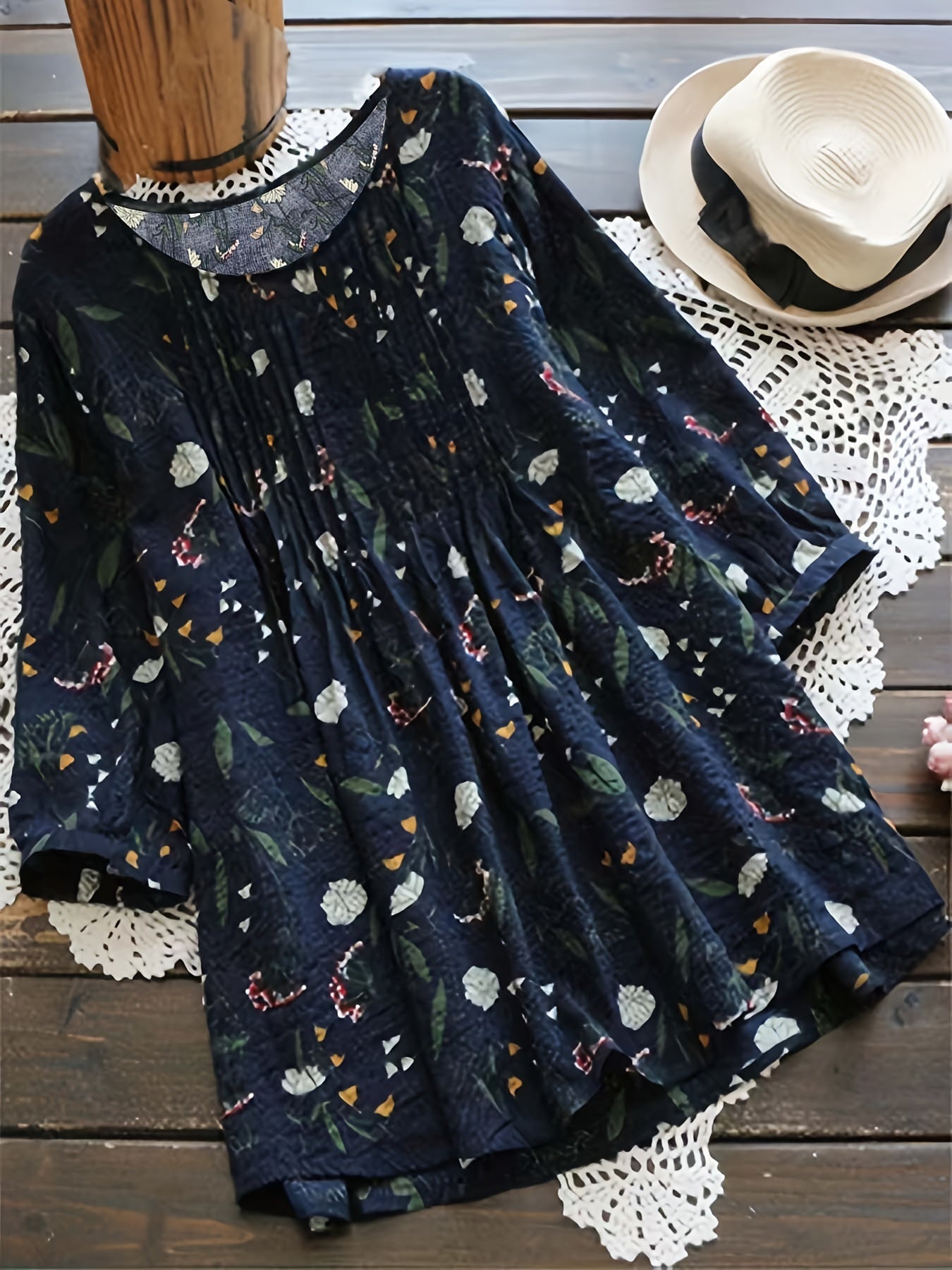 Floral Print Shirt - 3/4 Sleeve, Shirred Round Neck, Loose Fit, Ruffled Blouse
