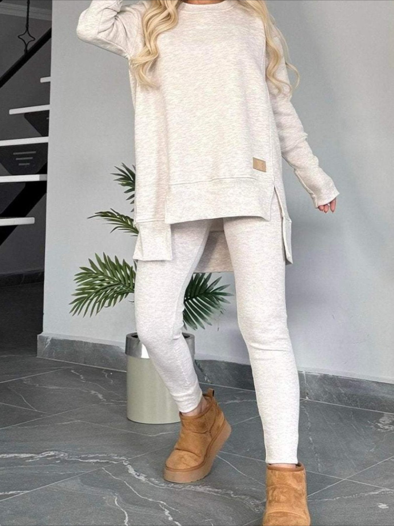 Slit Round Neck Top and Pants Set