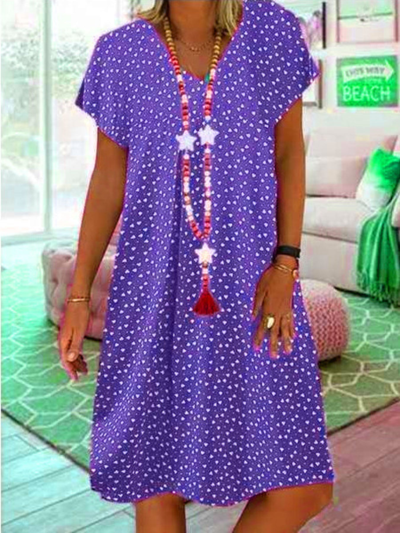 Polka Dot & Heart Print Dress, Casual V Neck Short Sleeve Dress