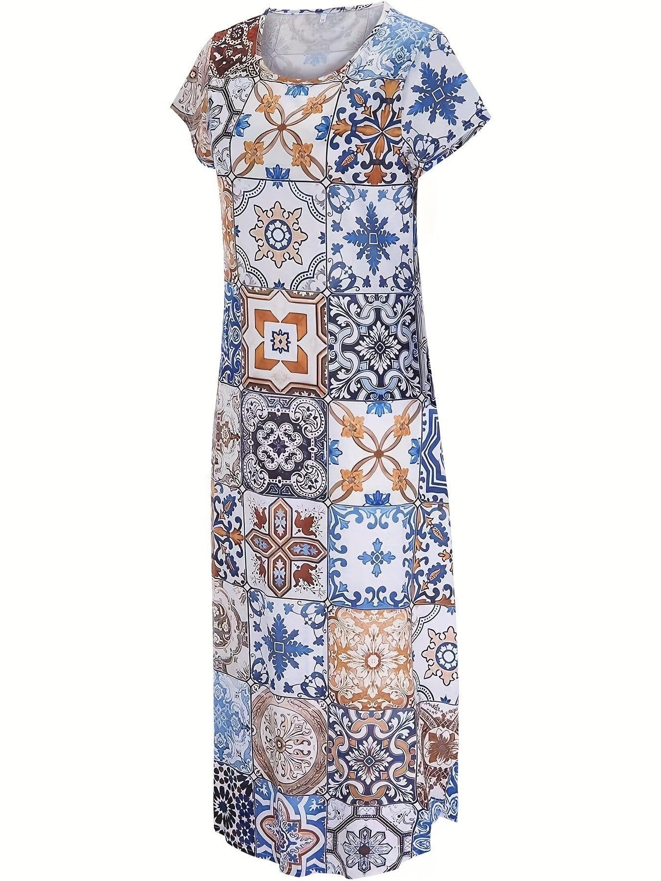Boho Paisley Print Crew Neck Dress, Casual Short Sleeve Dress