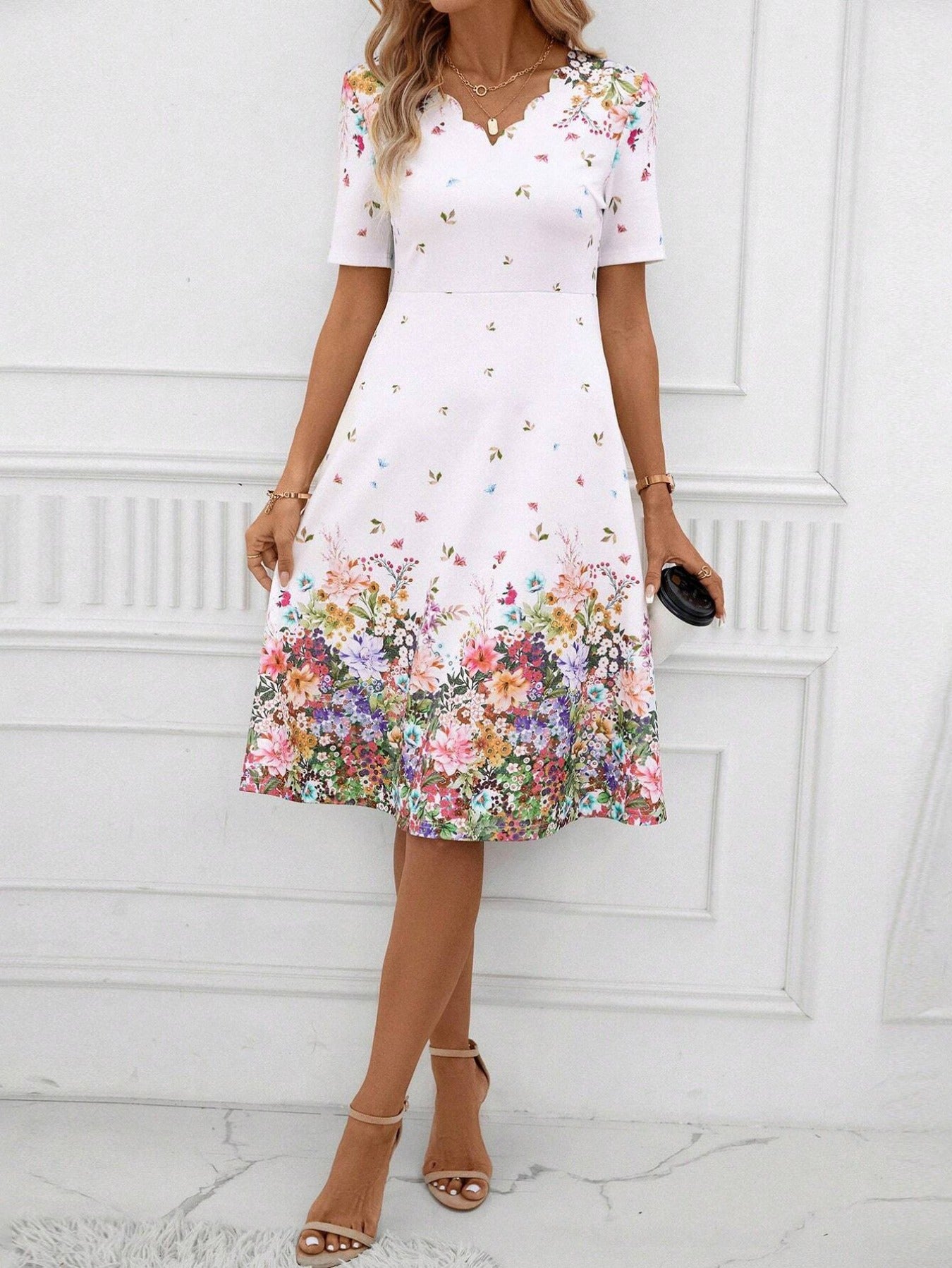 Floral Print V Neck Dress, Elegant Short Sleeve Flared Midi Dress