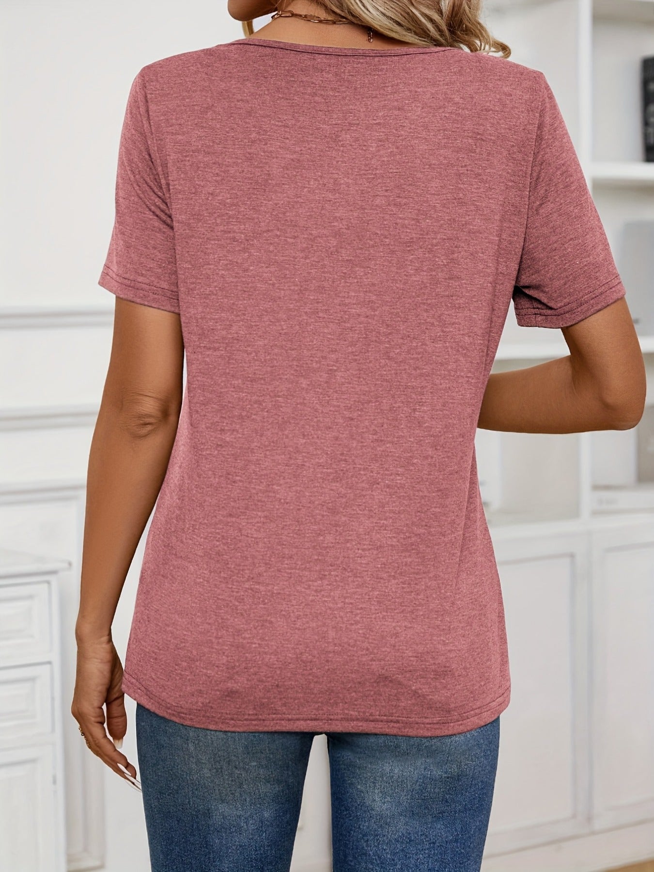 Button Decor Solid T-Shirt, Casual Crew Neck Short Sleeve Top