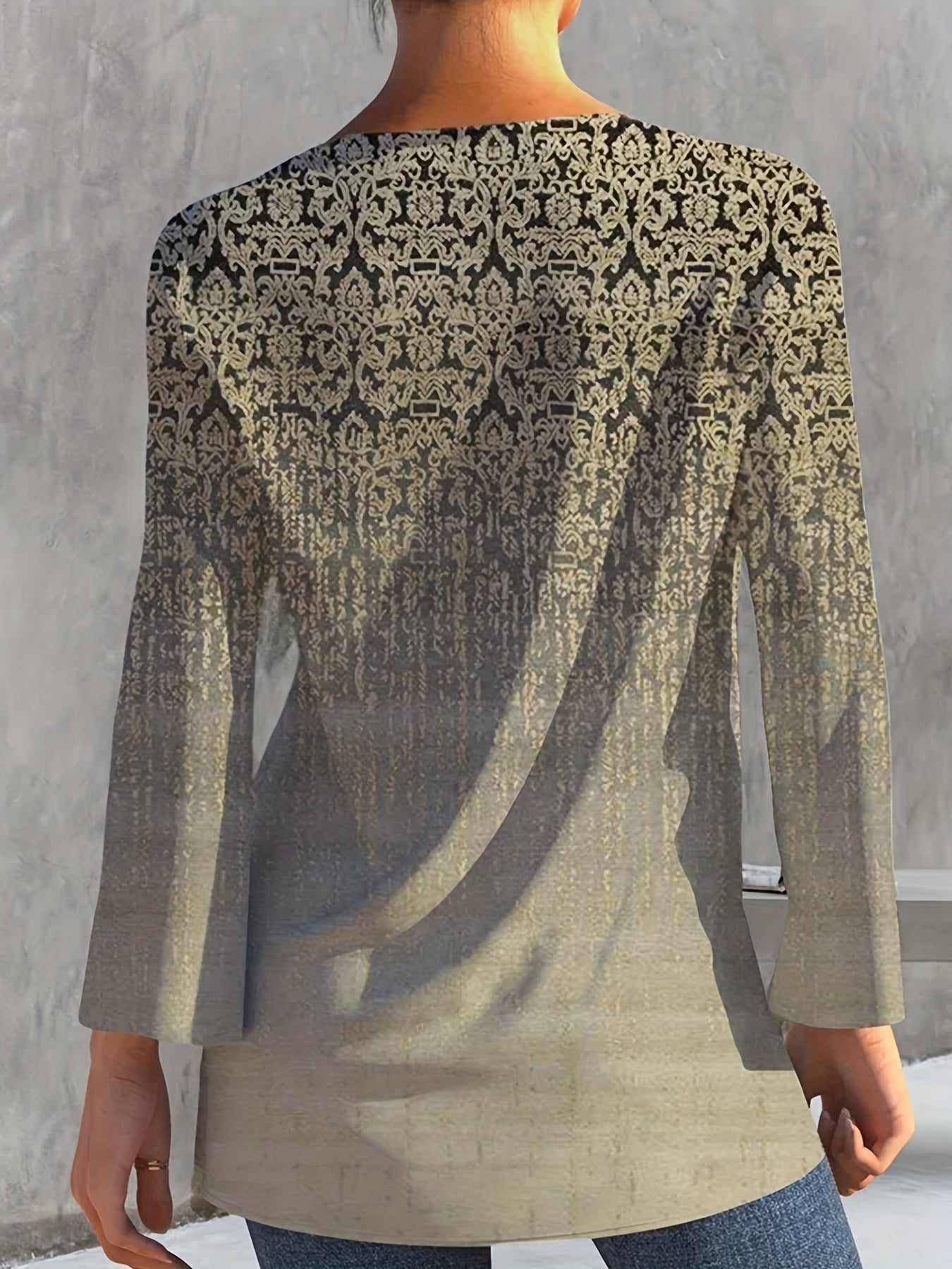 All Over Print Tie Front T-Shirt, Casual Long Sleeve Top