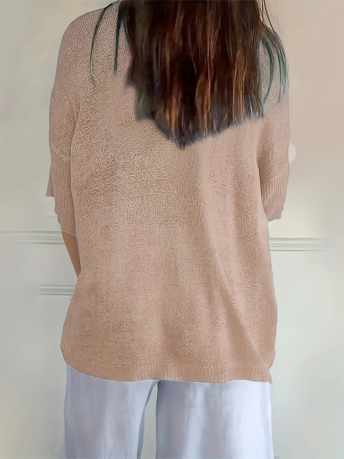 Cozy V Neck Pullover Three-Quarter Sleeve Knitted Sweater