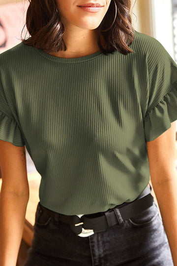 Jungle Green Solid Color Ribbed Ruffled Short Sleeve T Shirt