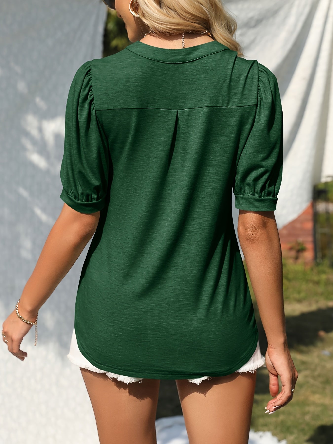 Solid Puff Sleeve T-Shirt, V Neck Short Sleeve T-Shirt, Casual Every Day Tops