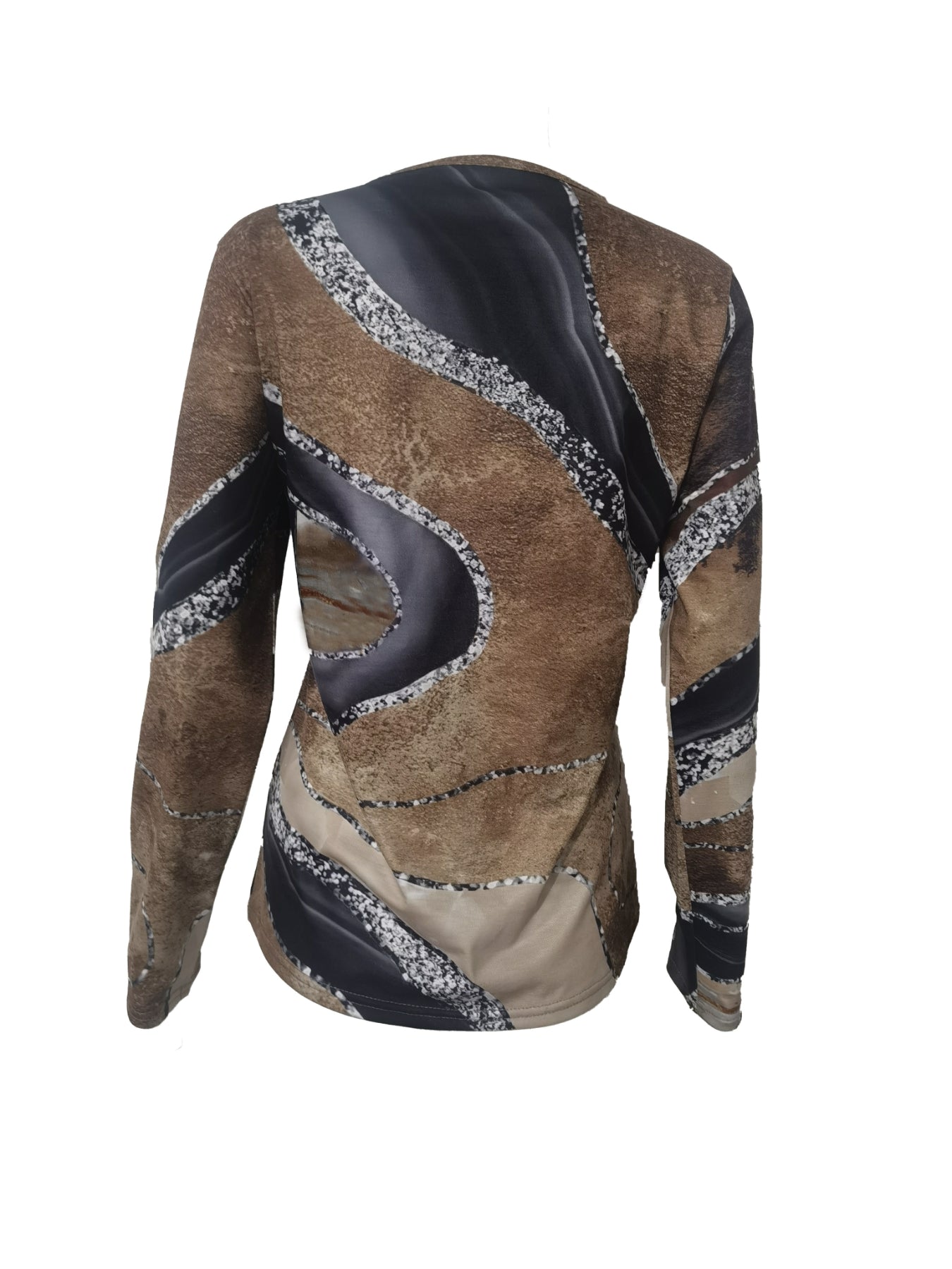 Marble Print V-neck T-Shirt, Vintage Long Sleeve T-Shirt