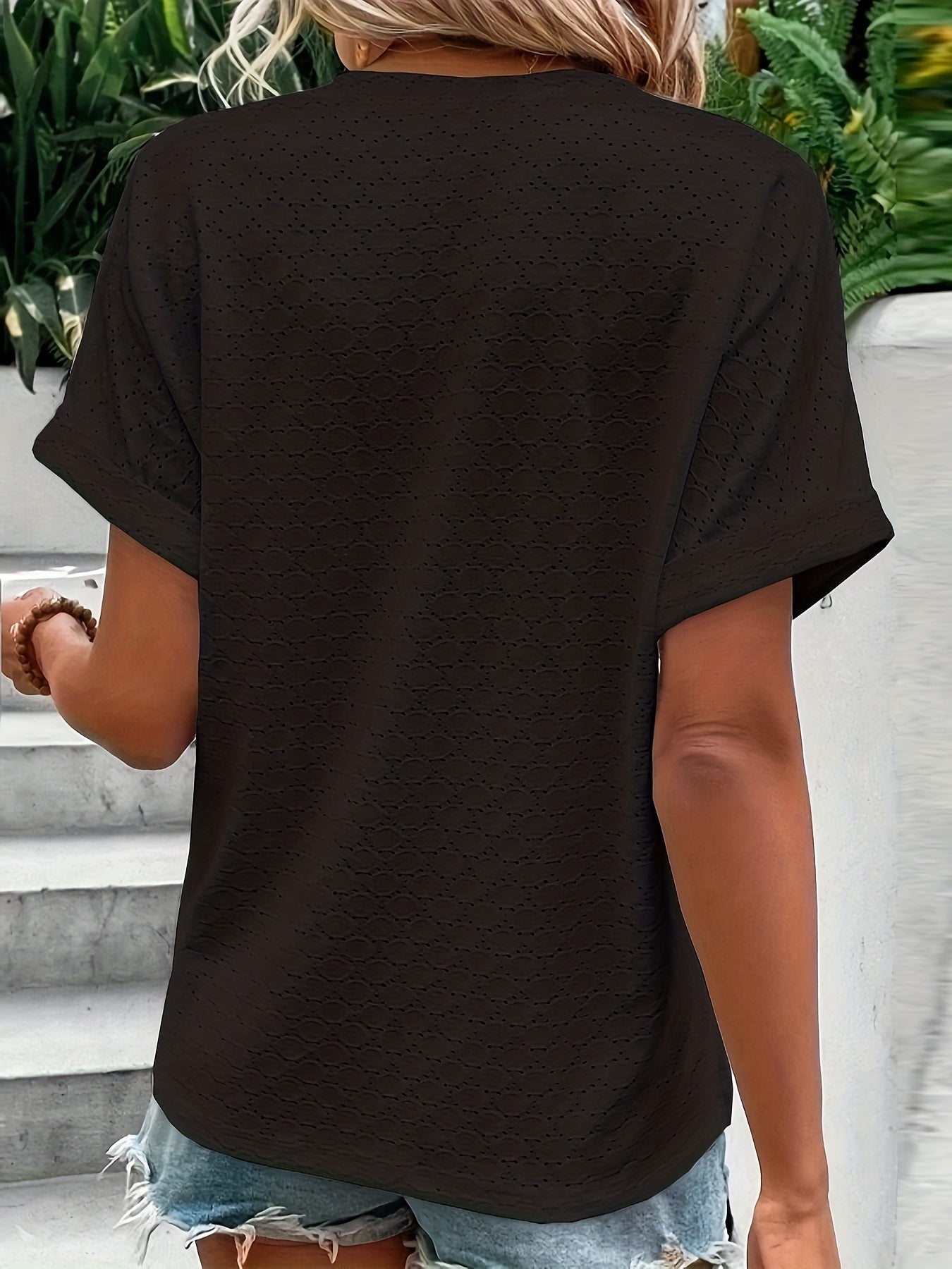 Solid Button Front V Neck T-Shirt, Casual Short Sleeve Top