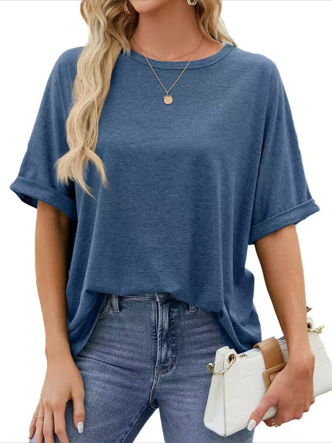 Casual Short Sleeve Crewneck Solid Color Loose T-Shirt