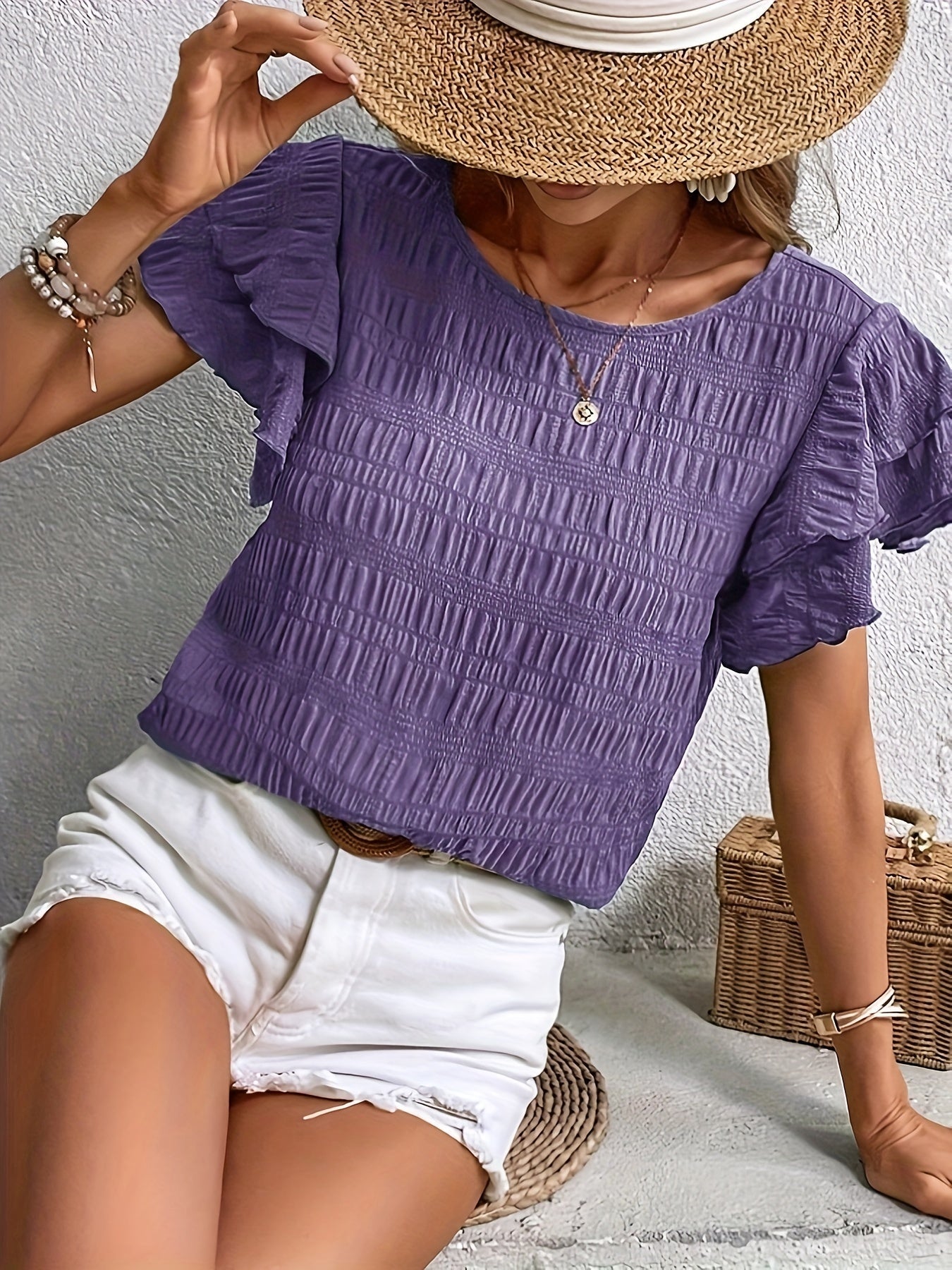 Textured Butterfly Sleeve Blouse, Elegant Solid Color Crew Neck Top