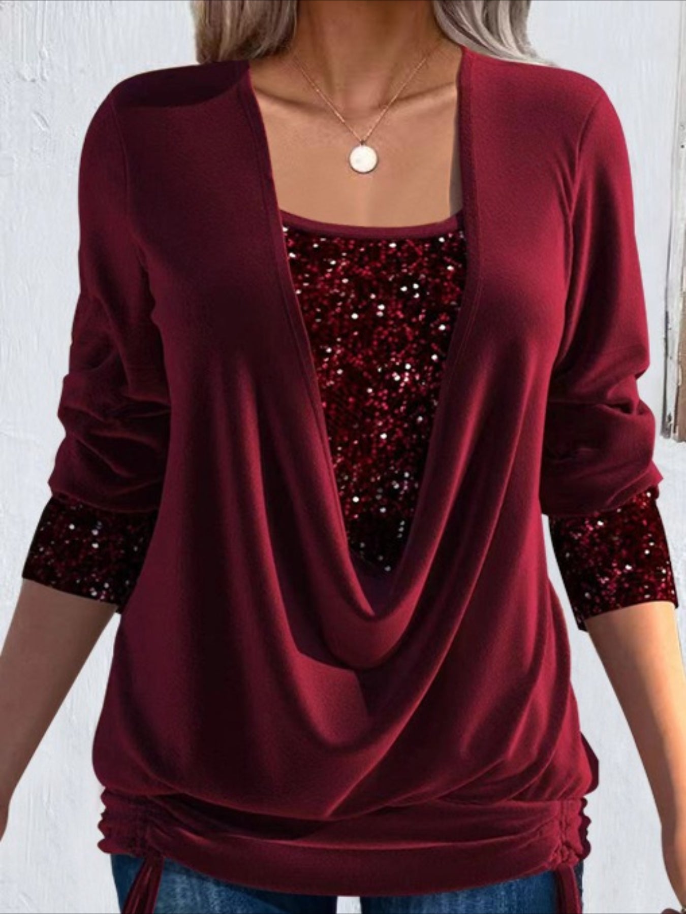 Fake Two-piece Vintage Plain U-Neck Long Sleeve T-shirt