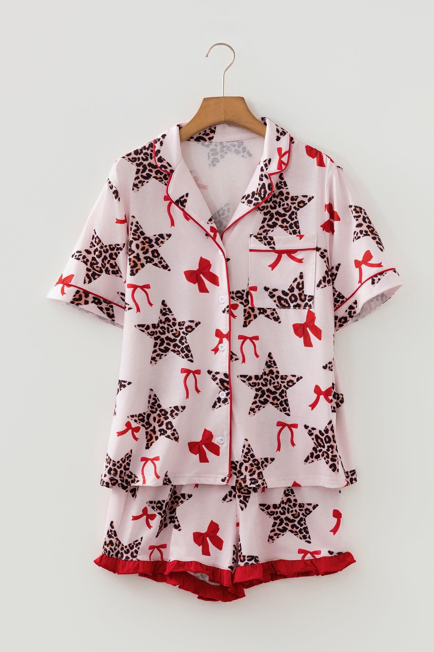 White Leopard Star Ribbon Bow Print Contrast Trim Short Pajama Set