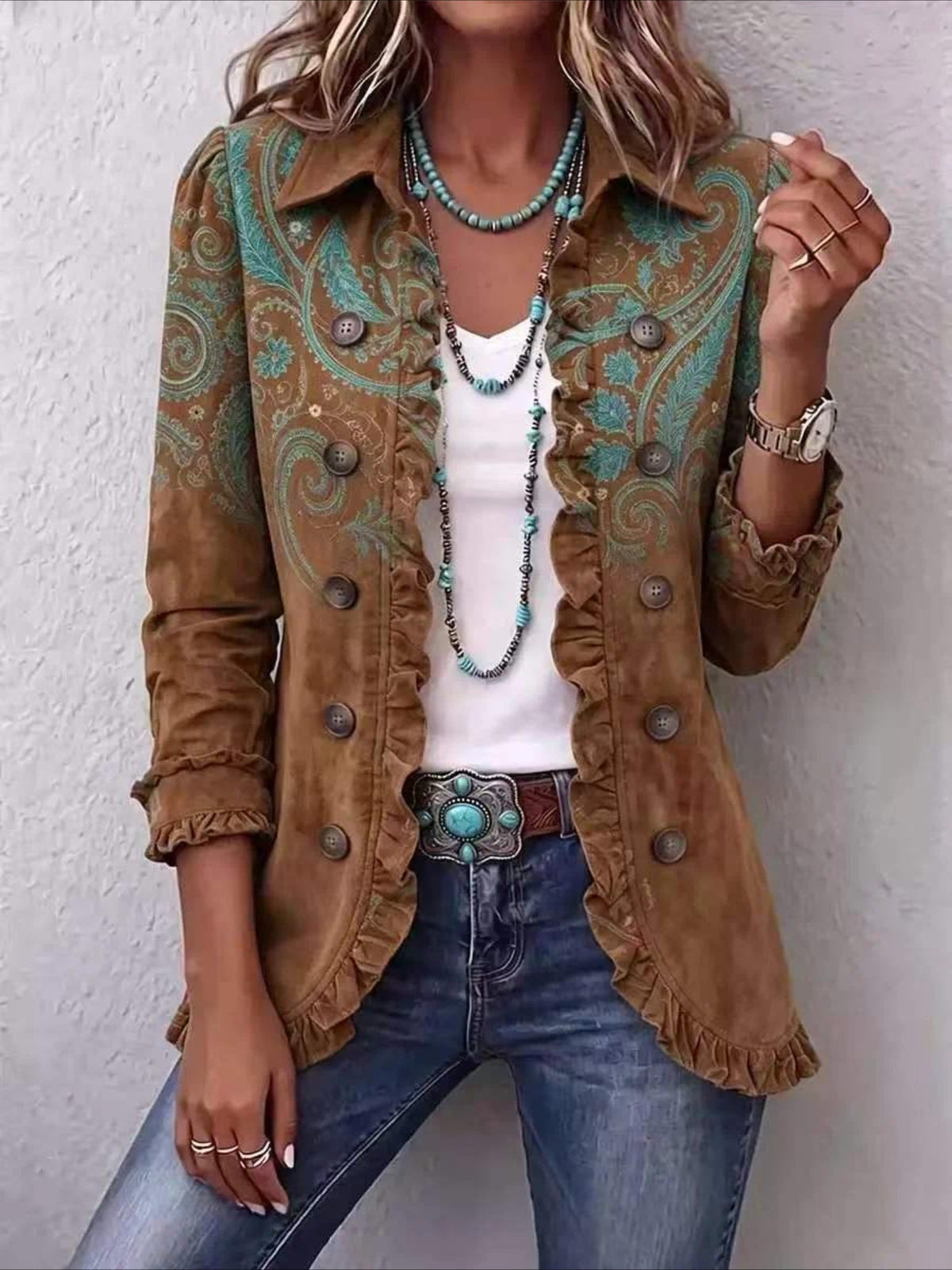 Western Style Pattern Print Long Sleeve Ruffle Edge Open Button Cardigan Coat