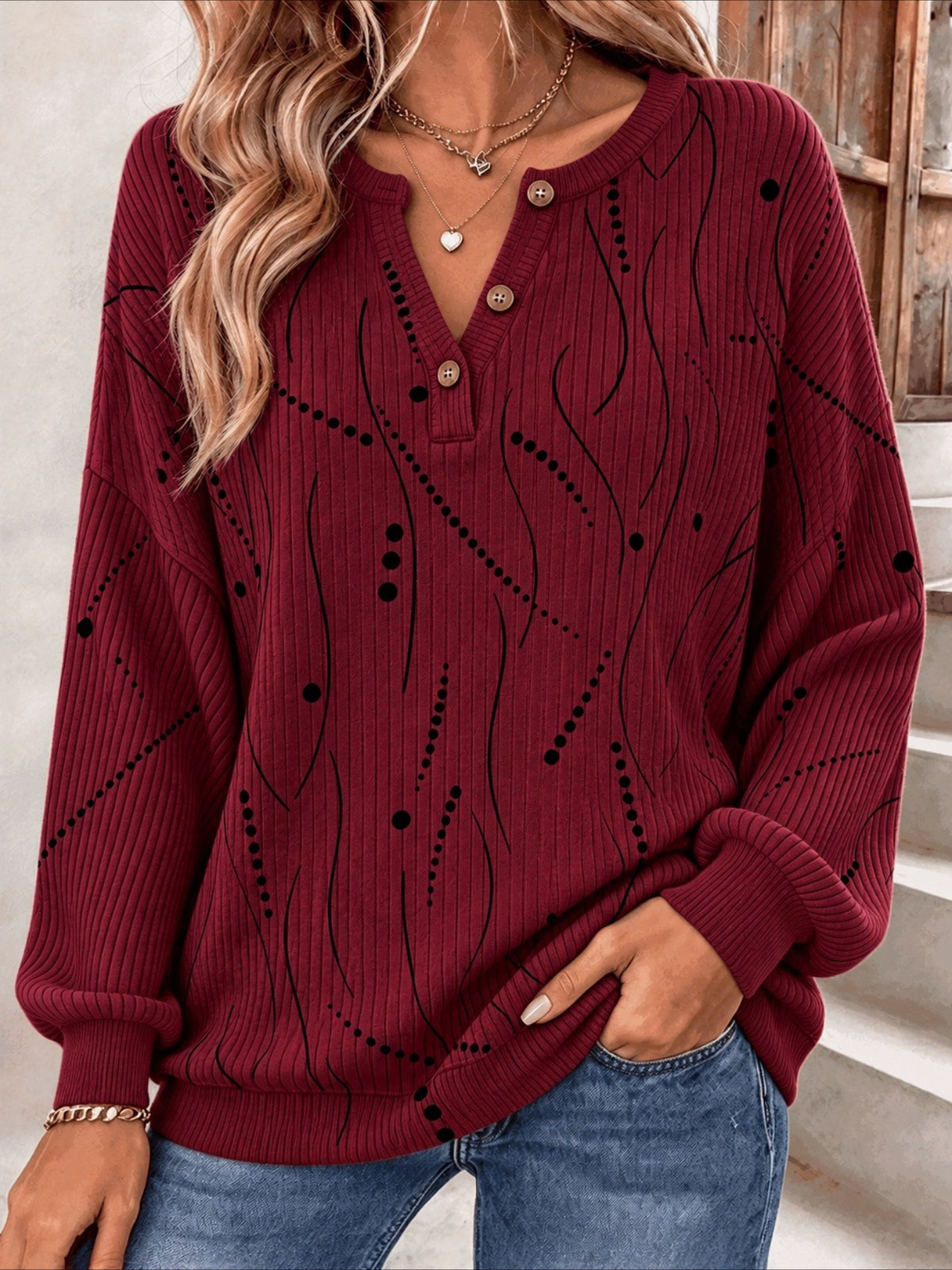 Regular Fit Casual Henley Collar Abstract Stripes Sweatshirt
