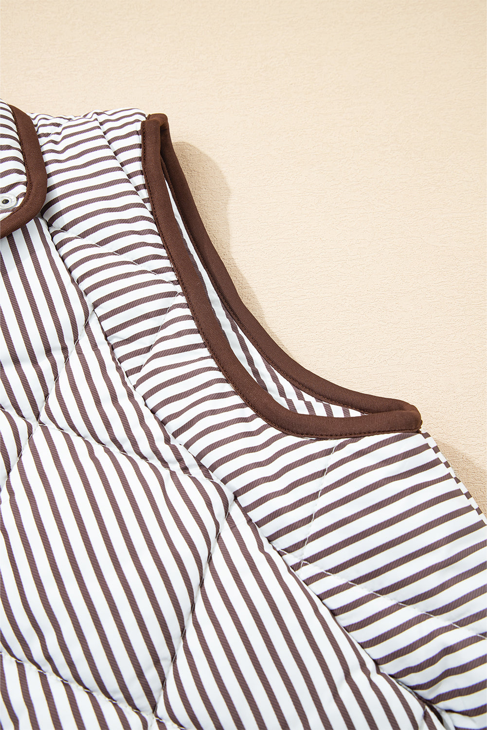 Brown Stripe Snap Button Scalloped Hem Collared Winter Vest