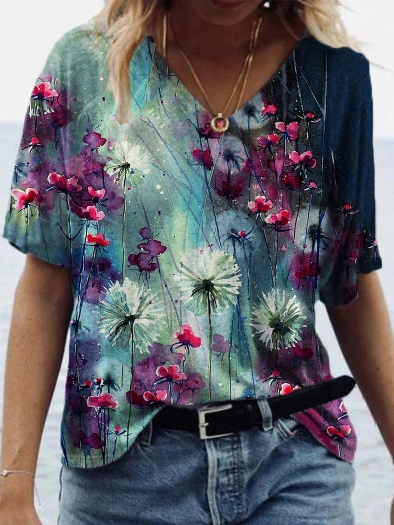 Floral Print V Neck T-Shirt, Short Sleeve Casual Top