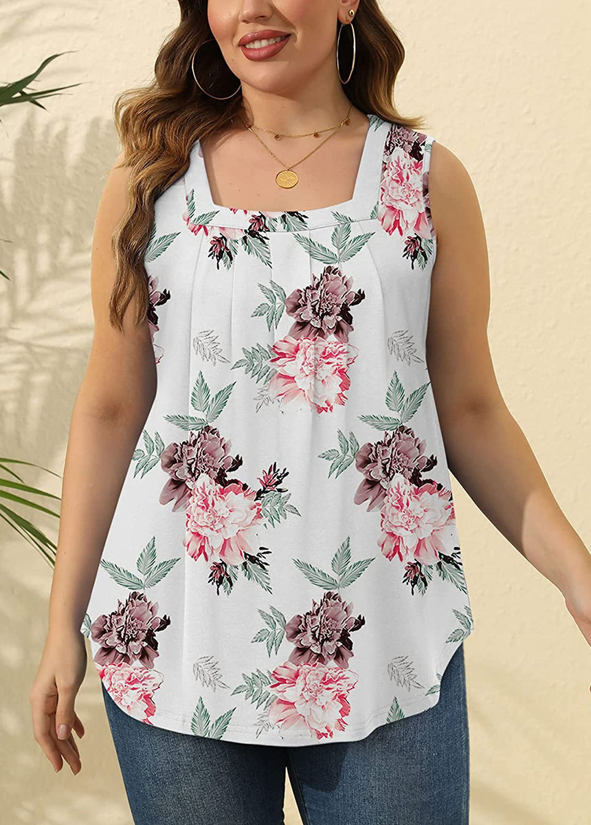 Pleated Square Neck Printed Sleeveless Vest Top