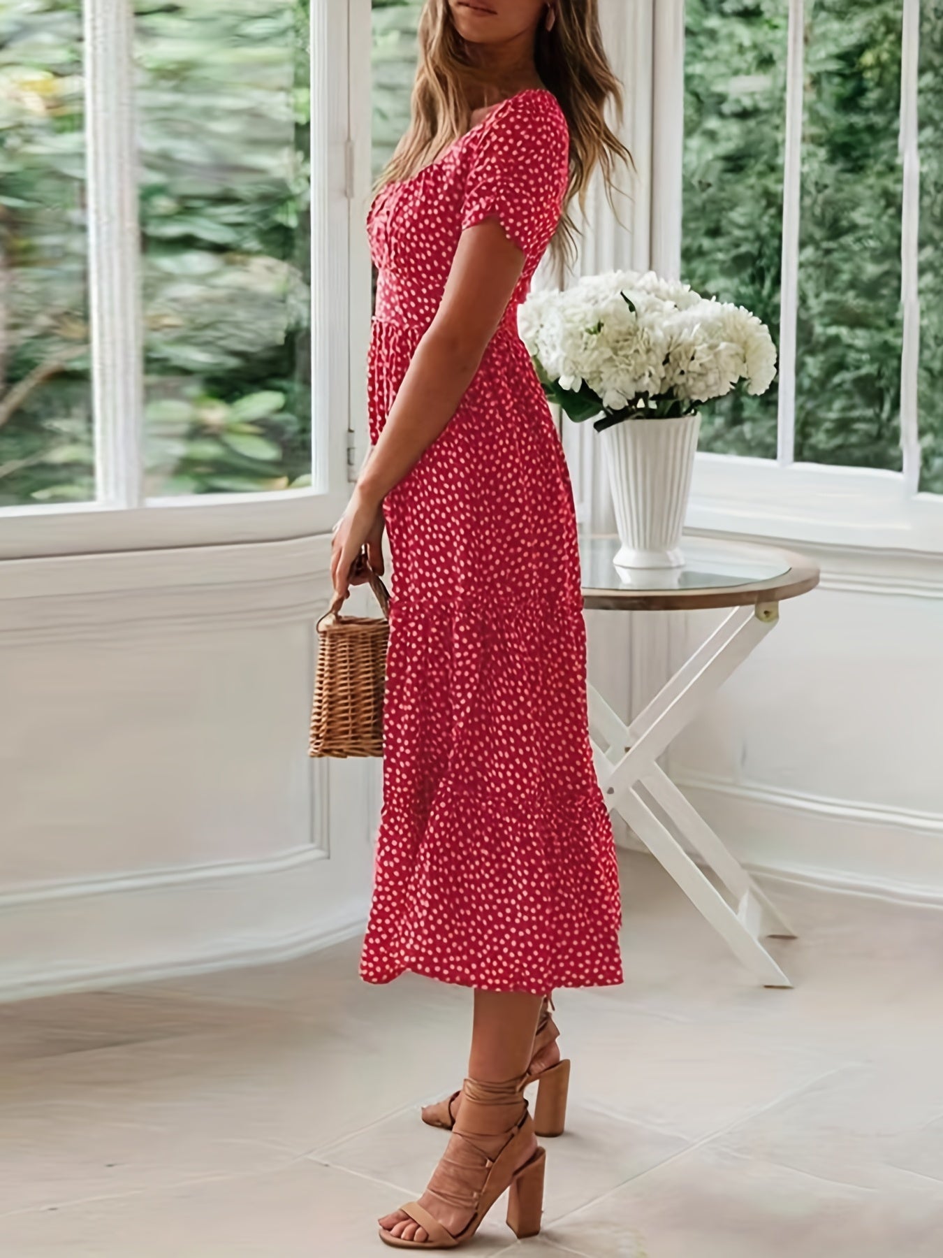 Polka Dot Ruffle Hem Dress, Casual Square Neck Short Sleeve Dress