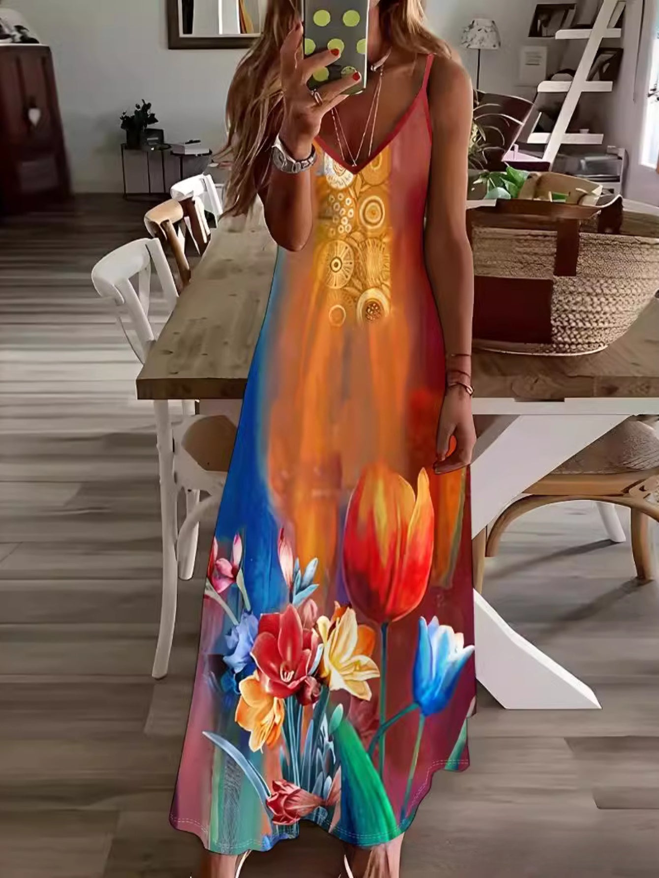 Ethnic Geo Print Cami Dress, Vacation Style Sleeveless A-line Maxi Slip Dress