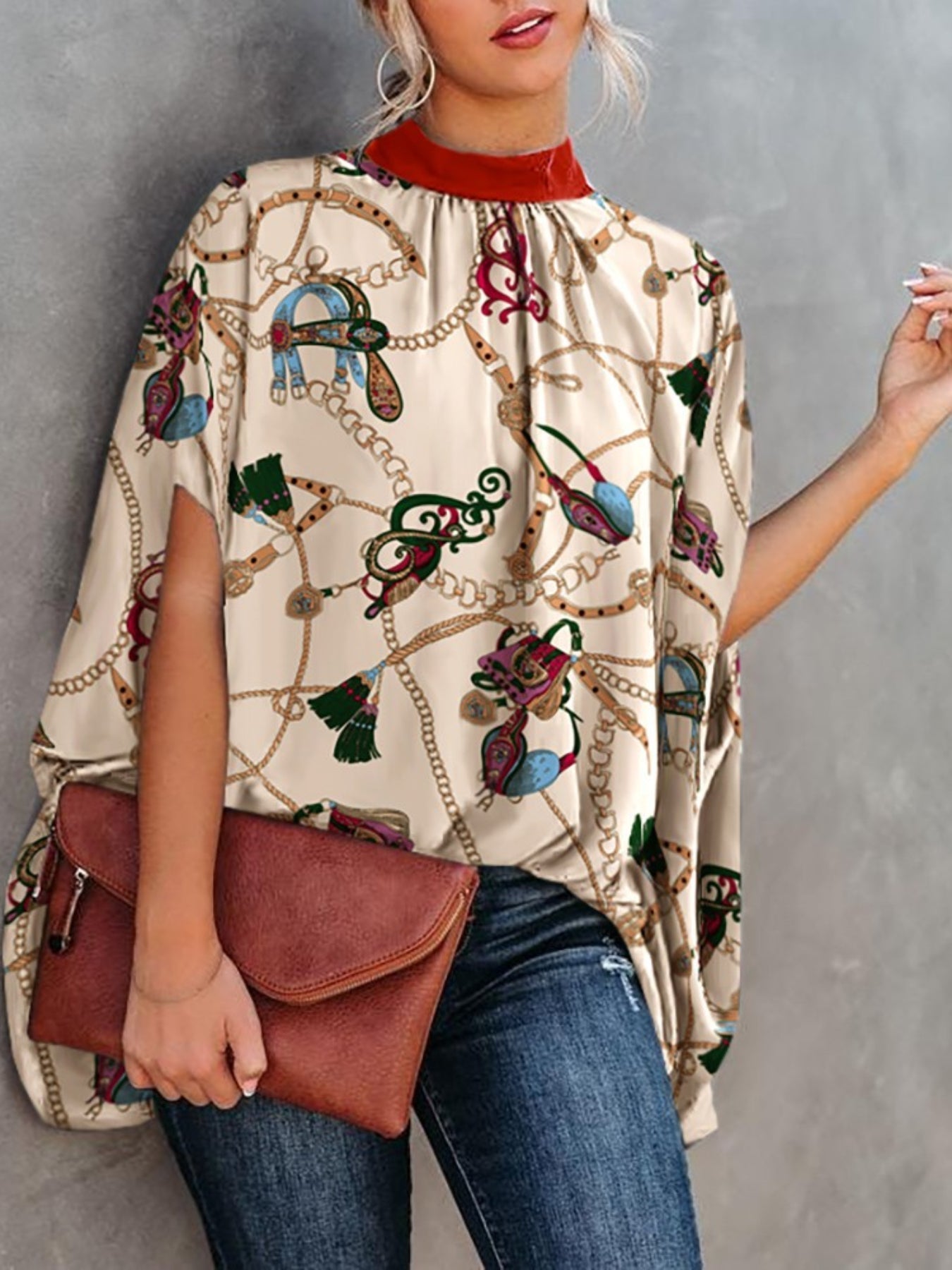 Asymmetrical High Neck Batwing Sleeve Shirt, Letter Print Elegant Summer Stretchy Shirt