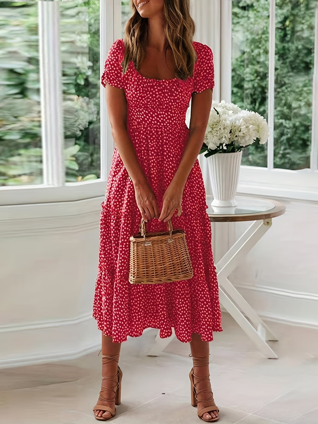 Polka Dot Ruffle Hem Dress, Casual Square Neck Short Sleeve Dress