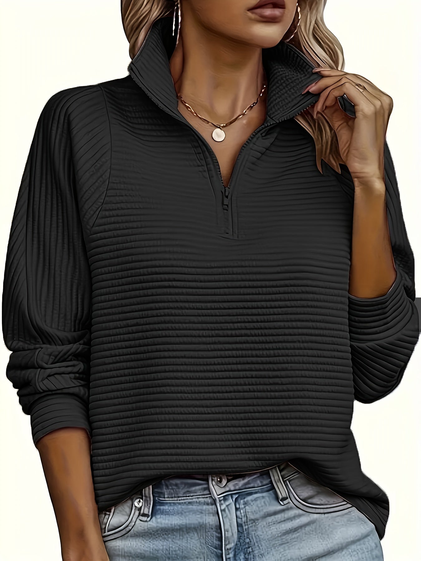 Long Sleeve Solid Color Funnel Neck Zipper Textured Sweatshirt - Soft Non-Stretch Polyester Fabric, Regular Fit, Half Placket, Casual Style