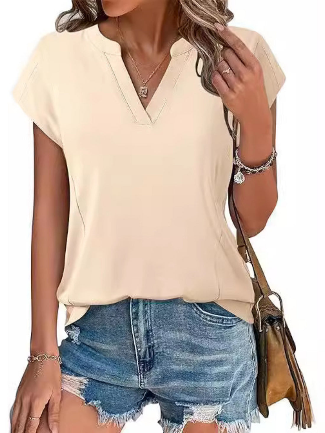 V neck T-shirt Summer Ladies Casual Tops Blouse Tunic Solid Plain Pullover Tee