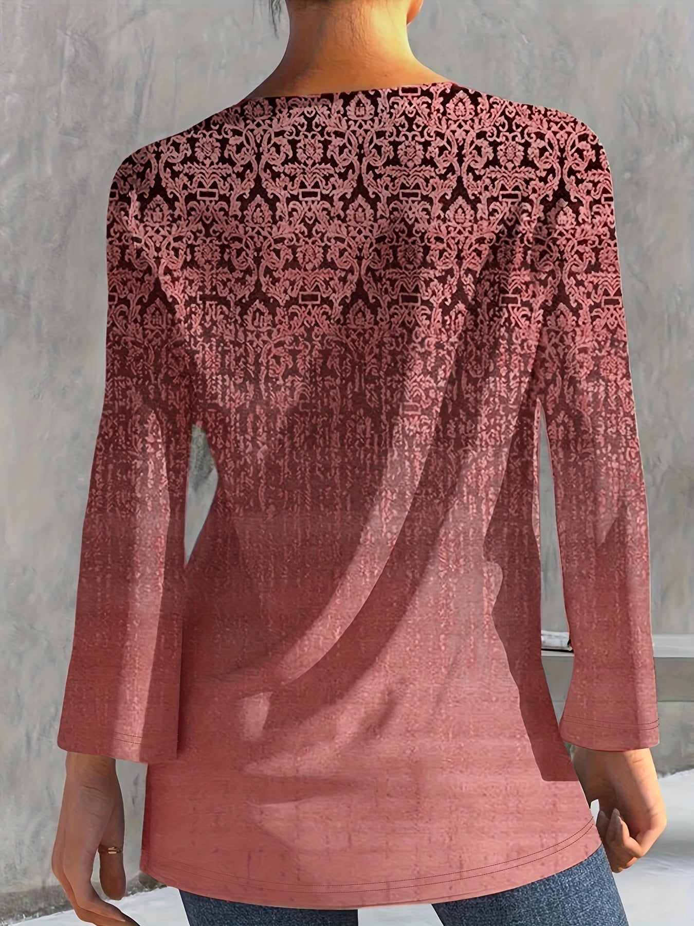 All Over Print Tie Front T-Shirt, Casual Long Sleeve Top
