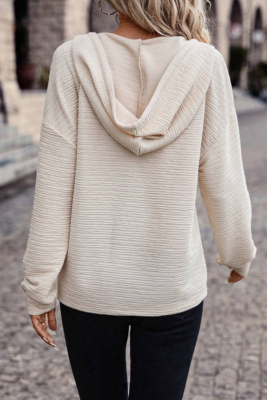 Apricot Solid Textured Drawstring Henley Hoodie