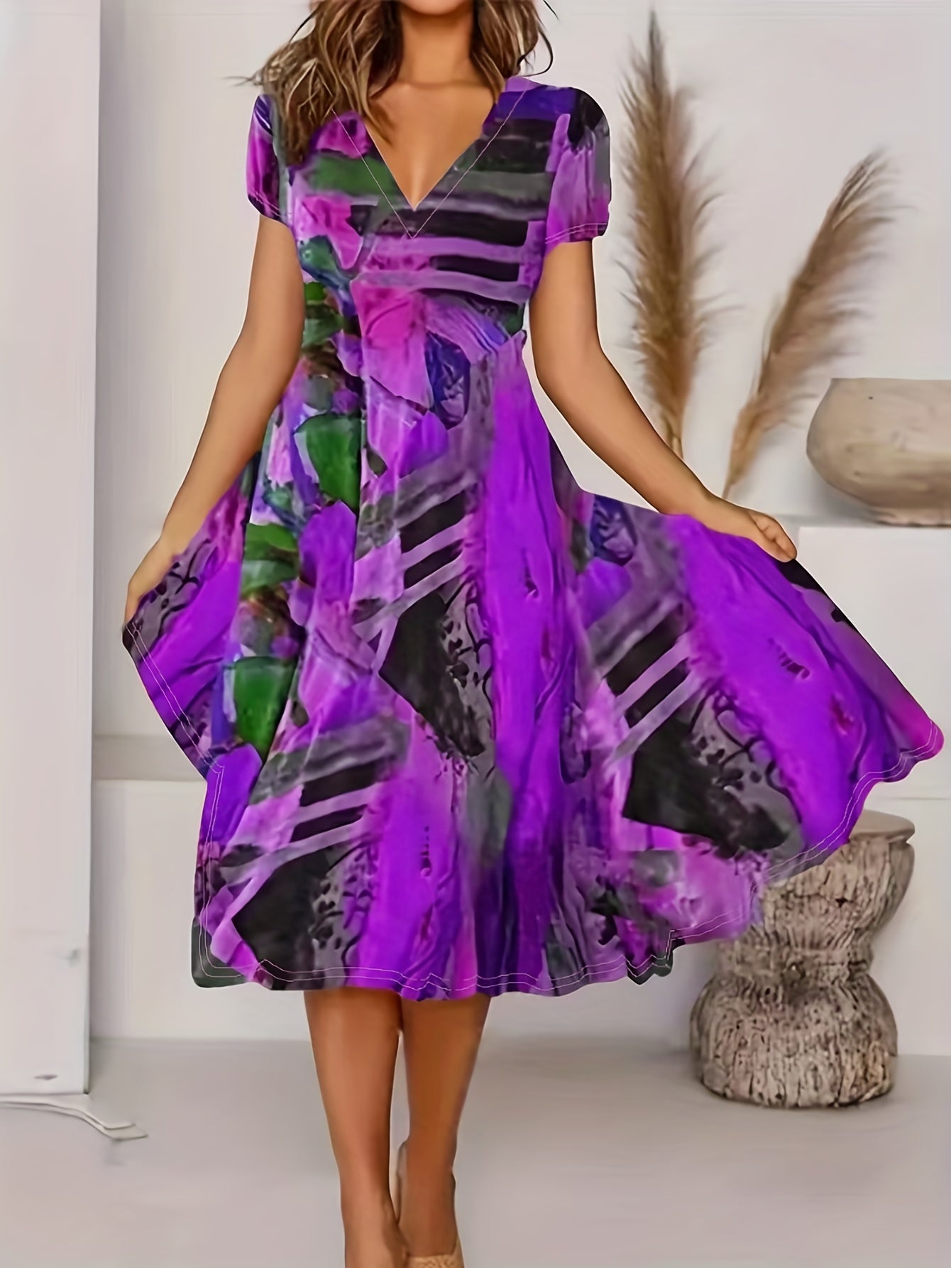 Short Sleeve V Neck Dress, Bohemian Casual Dress