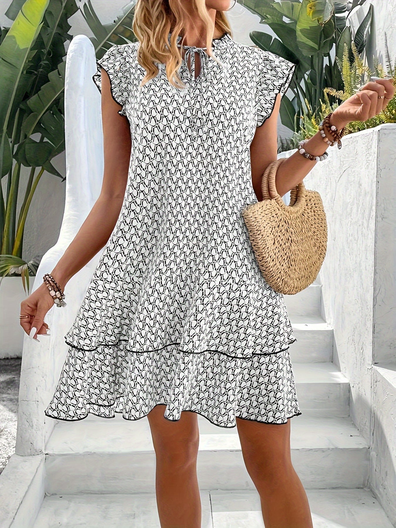 Allover Print Ruffle Trim Dress, Elegant Tie Neck Layered Dress