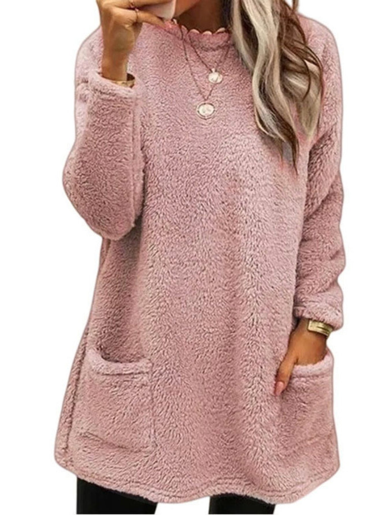 Solid Color Pullover Teddy Sweatshirt, Casual Long Sleeve Crew Neck Dual Pockets Sweatshirt
