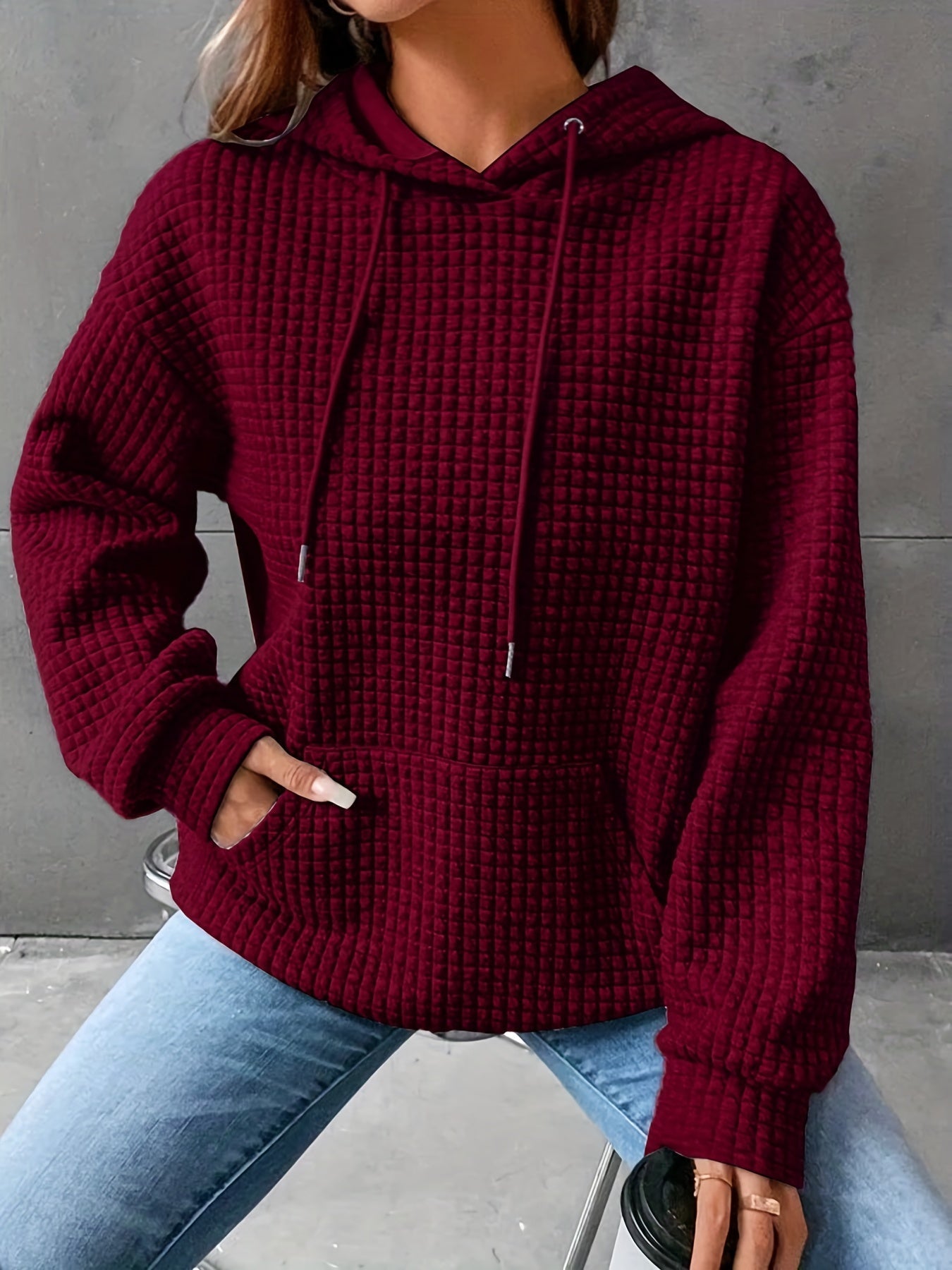 Waffle Grid Kangaroo Pocket Hoodie, Casual Long Sleeve Drawstring Hoodies Sweatshirt