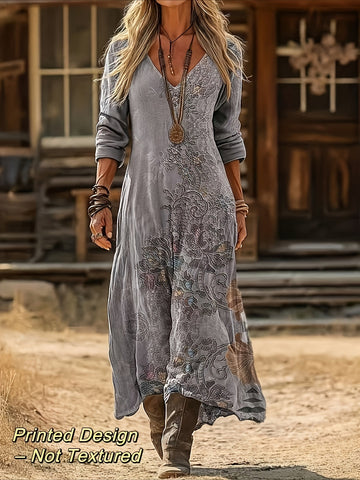 Vintage Ethnic Floral Digital Print Long Sleeve Dress