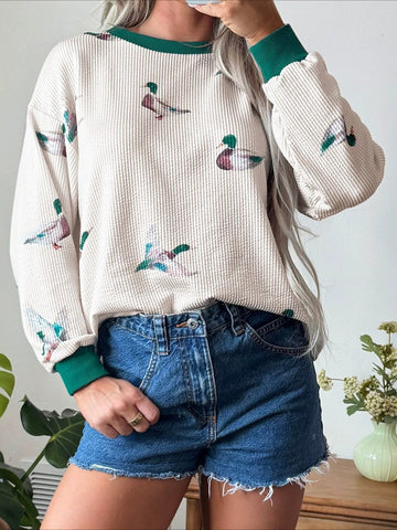 Duck Print Waffle Knit Sweatshirt with Contrast Trim