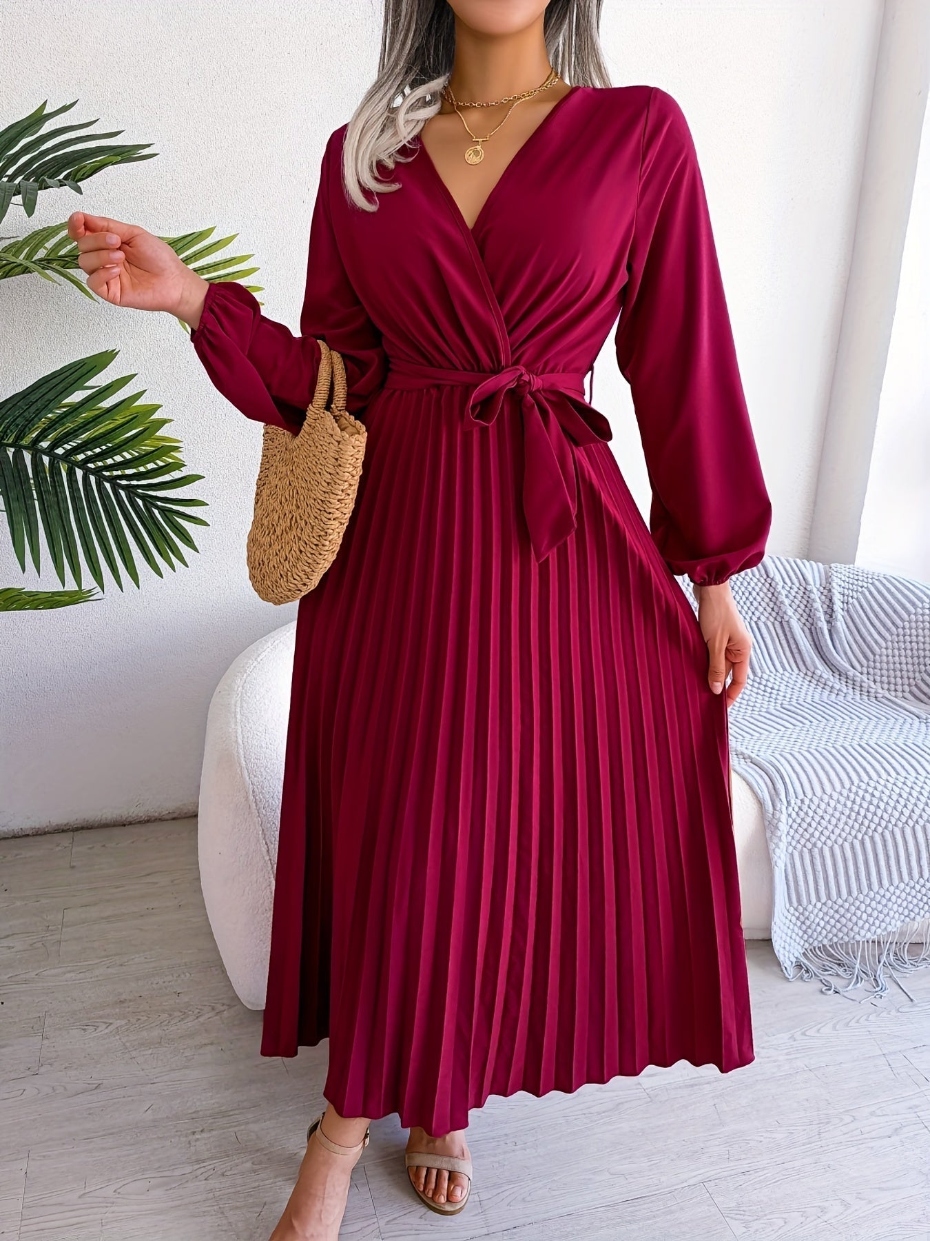 Pleated Surplice Neck Dress, Elegant Long Sleeve Solid Dress, Women's Clothing