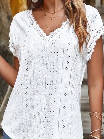 Elegant T-shirt, Women's Eyelet Embroidery Contrast Lace Trim V Neck Short Sleeve Slight Stretch T-shirt