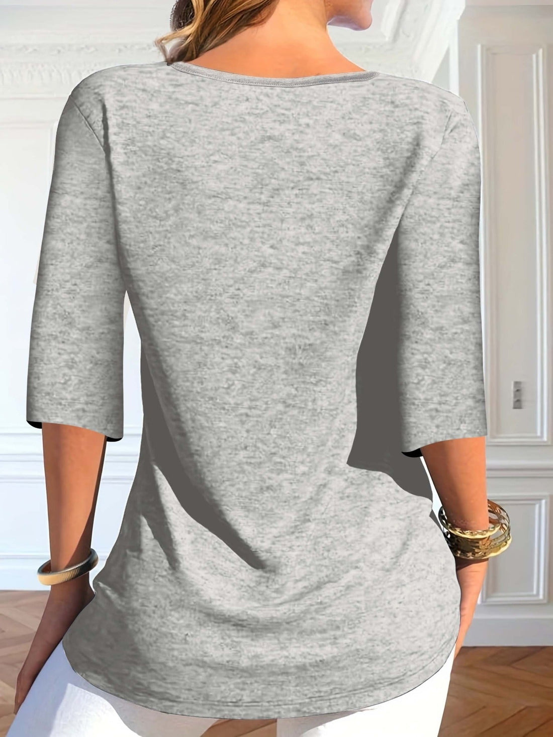 Solid Ruched Tie Front Top, Casual Three-quarter Sleeve Top