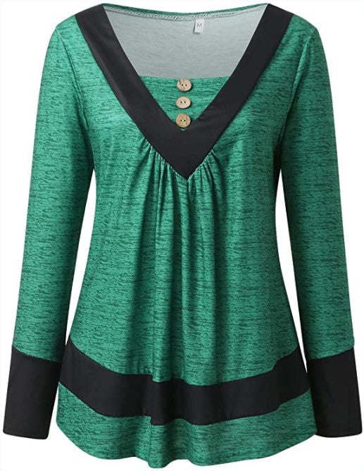 Color Block Button T-Shirt, V Neck Long Sleeve T-Shirt, Casual Every Day Tops