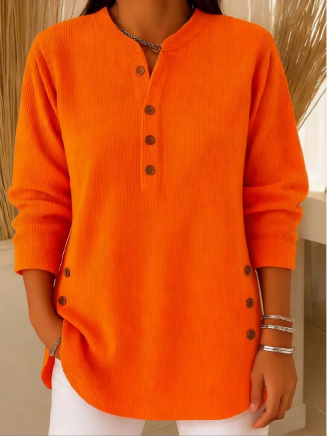 Corduroy Solid Color Loose Casual V-Neck Button Long Sleeve Top