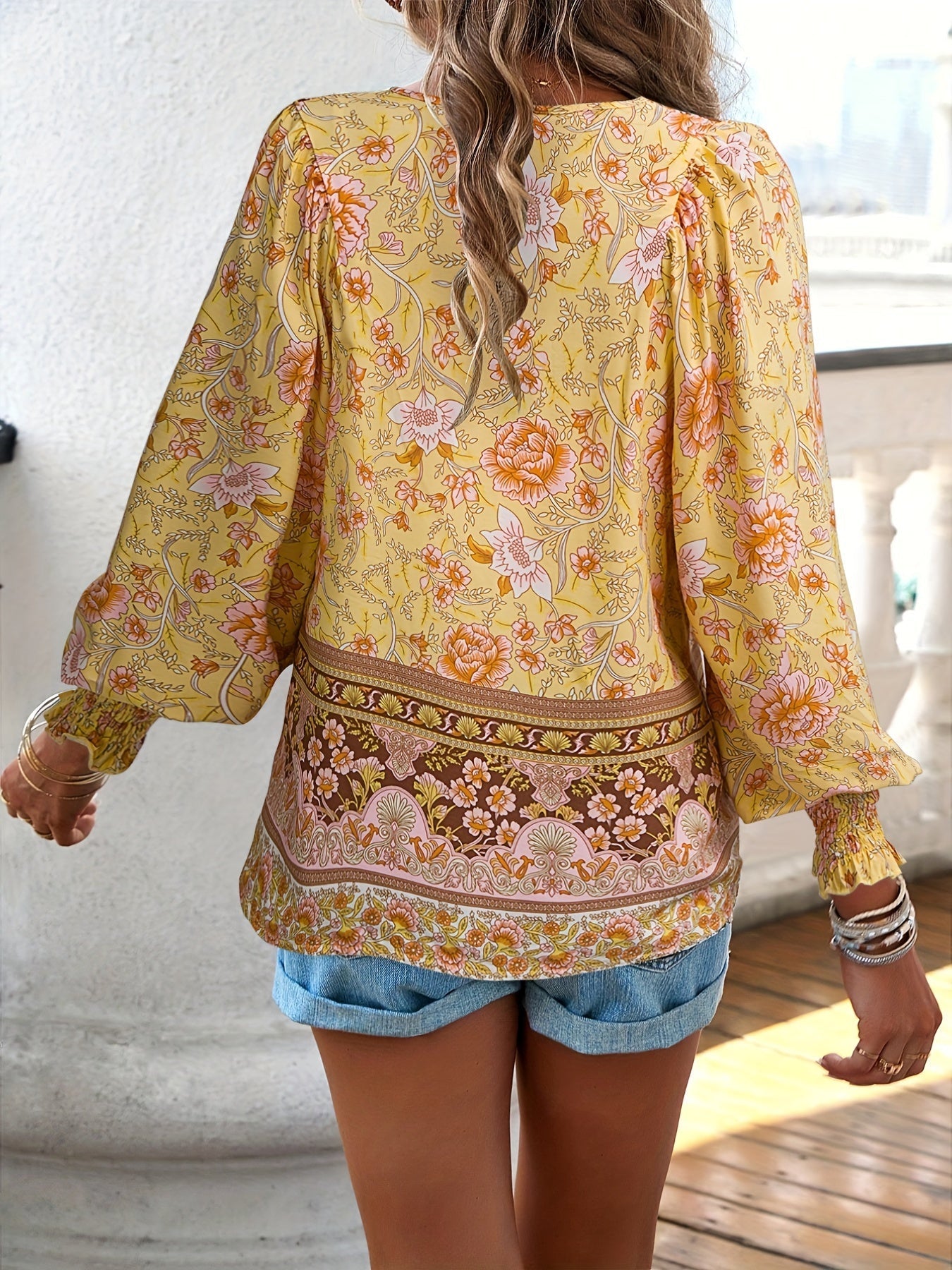 Drawstring Long Sleeve Casual Floral Print V Neck Blouse